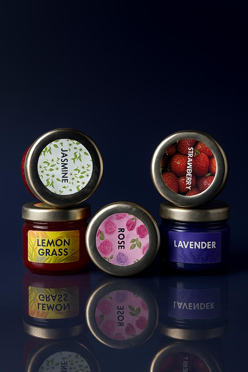 CANDLE JAR PACK OF 6 JAR, ROSE, SANDALWOOD, JASMINE, STRAWBERRY, LAVENDER, LEMON GRASS